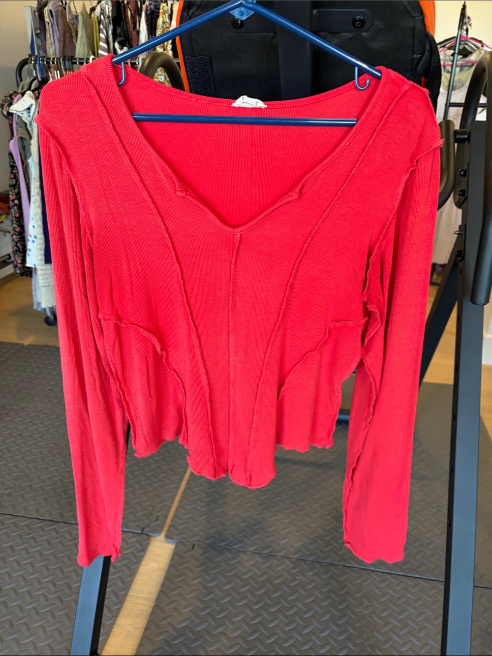 POL Bright Red V-Neck Long Sleeve Top with Exposed Seams